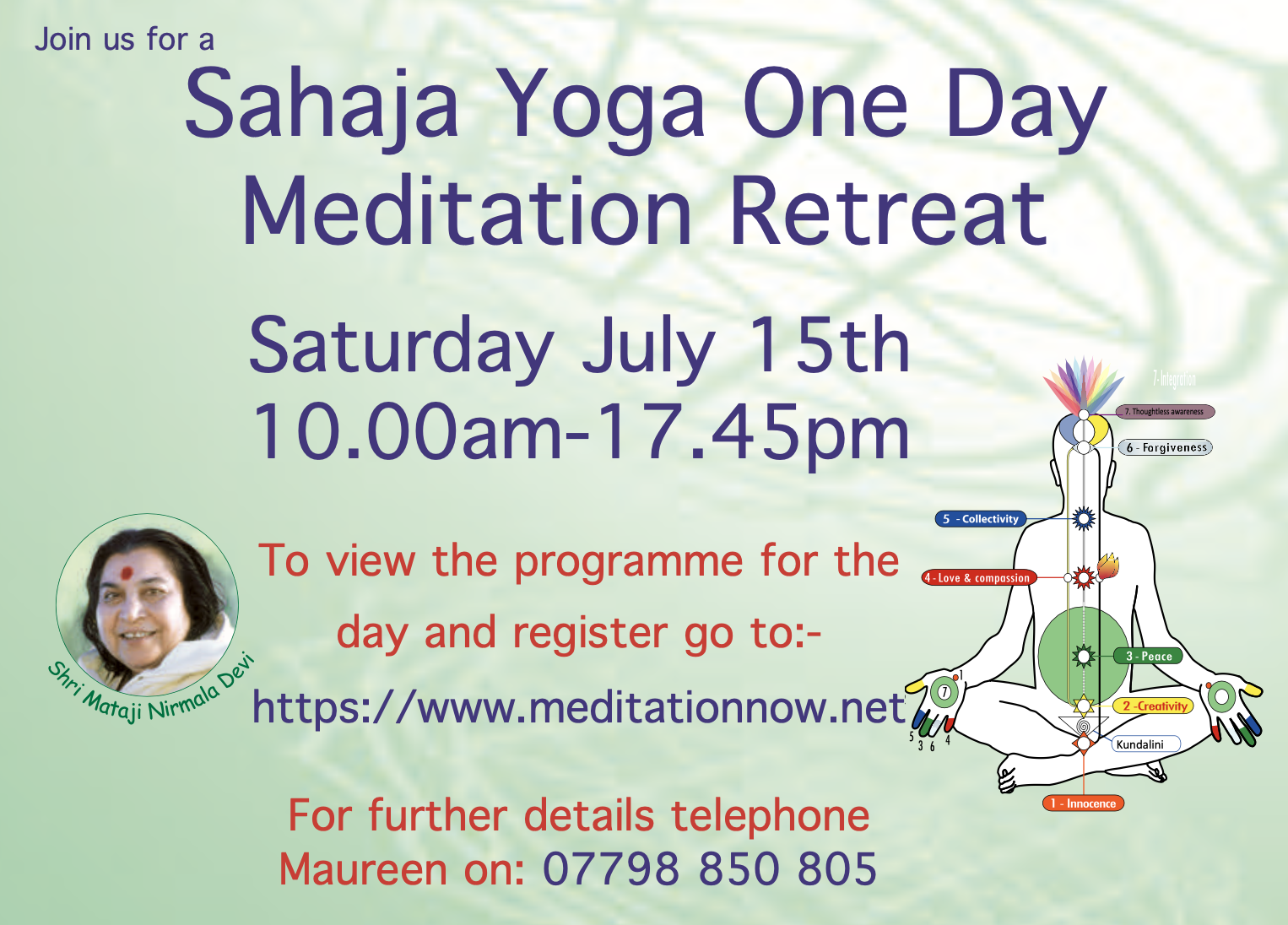 Sahaja Yoga Meditation Special One Day Retreat Saturday July 15th 2023